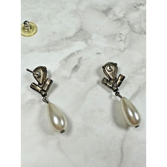 Silver Tone Dangle Earrings with Pear Rhinestones & Teardrop Faux Pearl - 1 1/2" - Picture 5 of 6